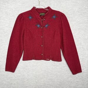Geiger Austria Women Red Cardigan Boiled Tyrol Wool Size 38 Small Sweater Jacket